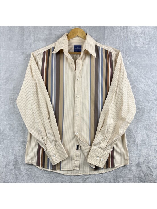 Faconnable Other - Faconnable Shirt Men M Beige Vertical Stripe Long Sleeve Button Up Causal Preppy